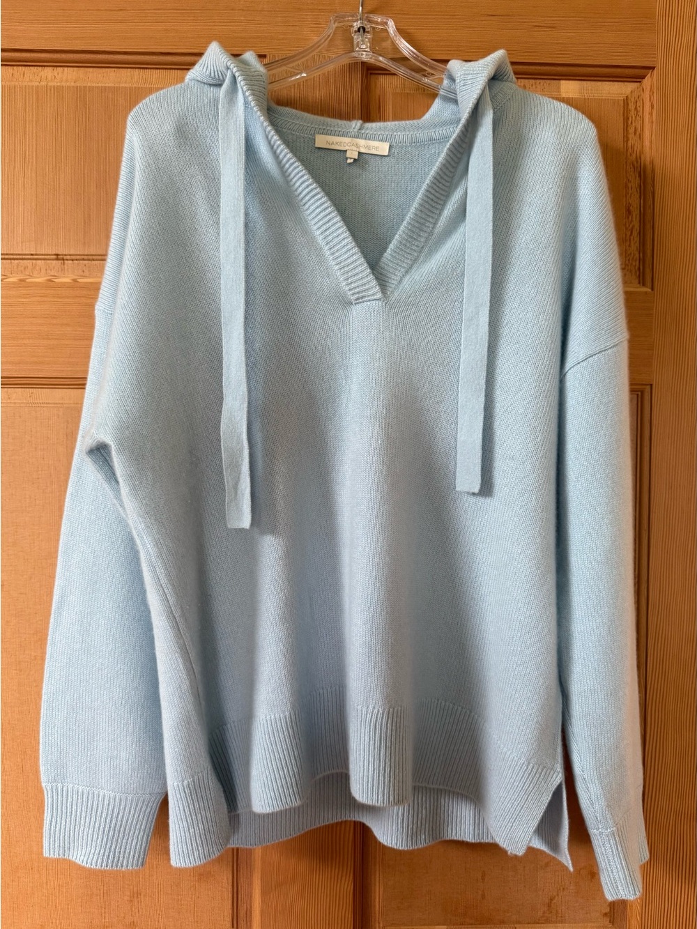 NakedCashmere Light Blue V-Neck Hooded Cashmere Sweater - Picture 2 of 7